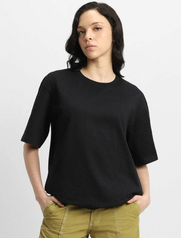 Women Printed Round Neck Pure Cotton Black T-Shirt - Image 2