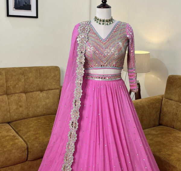 Ab Dark pink Georgette Digital Printed Embroidery Lehenga Choli - Image 2