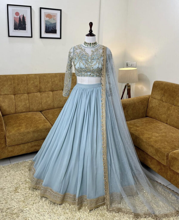 Ab Light Blue Georgette Digital Printed Embroidery Lehenga Choli