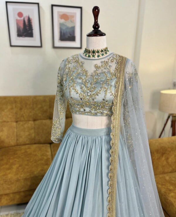 Ab Light Blue Georgette Digital Printed Embroidery Lehenga Choli - Image 2