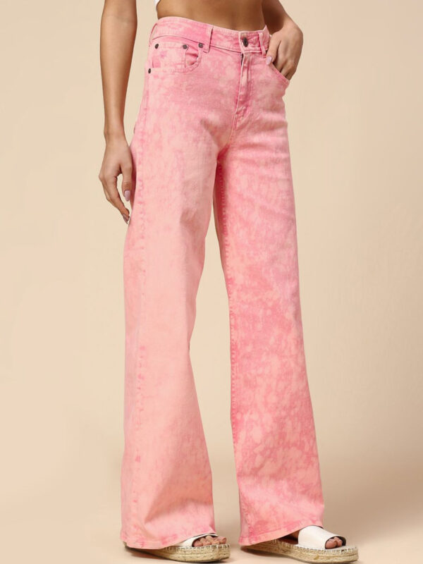 Pink women cotton wide leg light fade jeans - Image 2