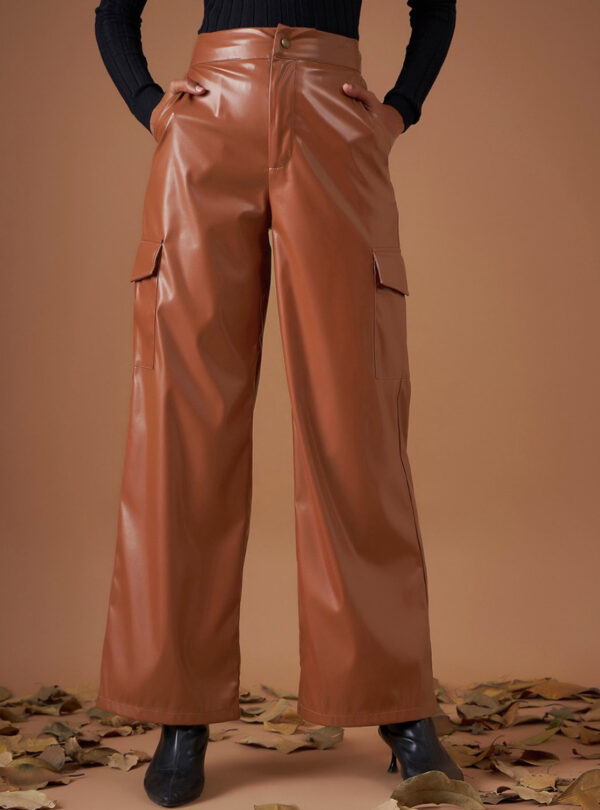 A Fax Leather women brown straight fit parallel trousers