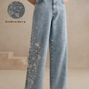Abe Slight Stretch High Waist Light Wash Flower Embroidered Straight Leg Jeans
