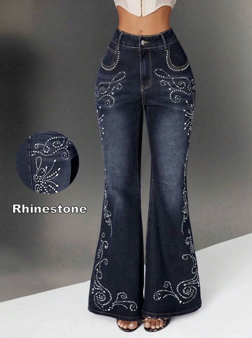 A High Stretch Rhinestone Flare Leg Jeans