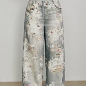 A Denim Effect Print Wide Leg Pants