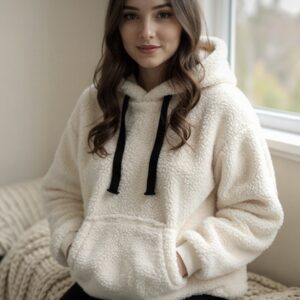 White Women Full Sleeve Self Design Hooded Sweatshirt