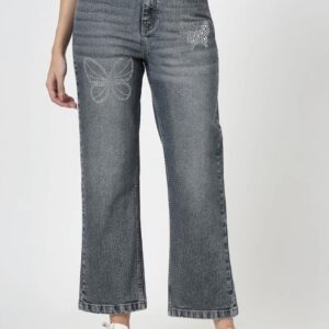 Women Straight Fit Light Fade Embellished Stretchable Jeans